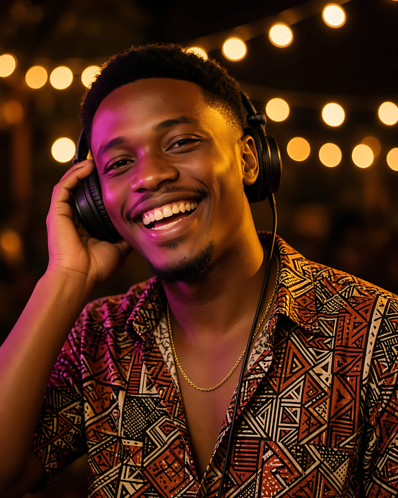Ayo B holding one headphone to an ear and grinning.