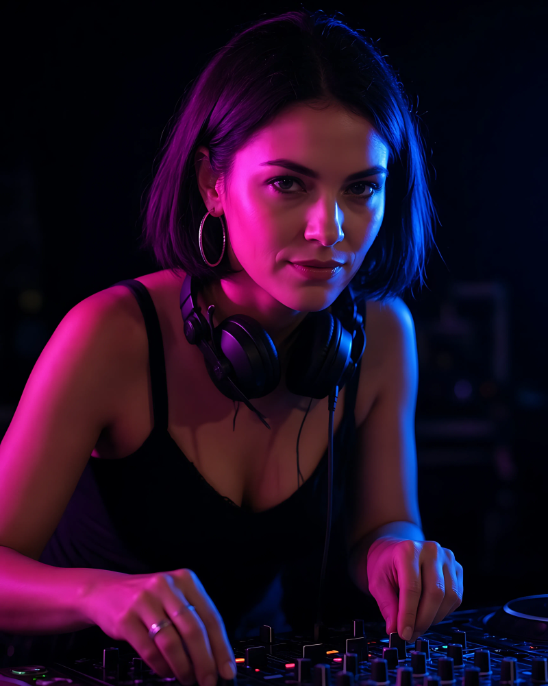Marnie K behind the decks, mid-mix, with a magenta glow on her face.