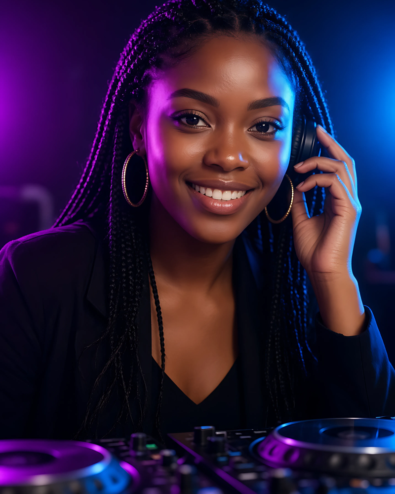 Nia Okafor smiling at the decks under purple light.
