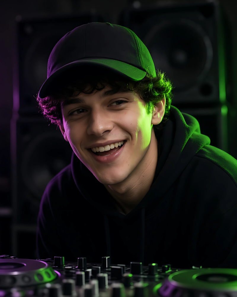 Tobes in a black cap at the decks with a speaker stack behind him.
