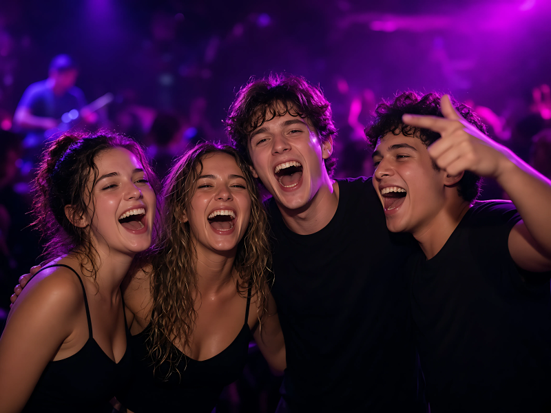 Friends singing along on the dance floor with their arms around each other.