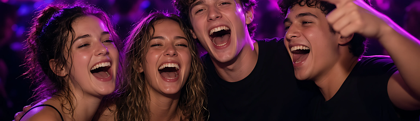 Friends singing along on the dance floor with their arms around each other.