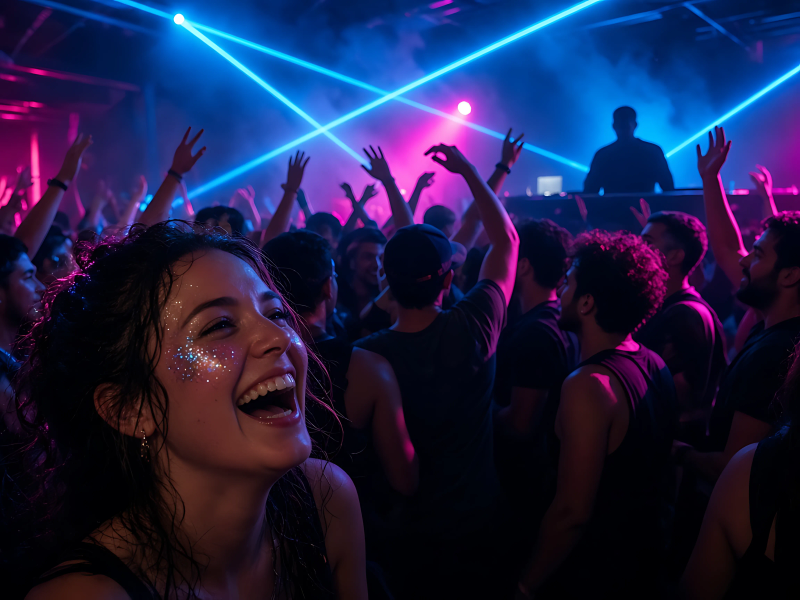 A crowd in the main room with hands in the air under magenta lasers.