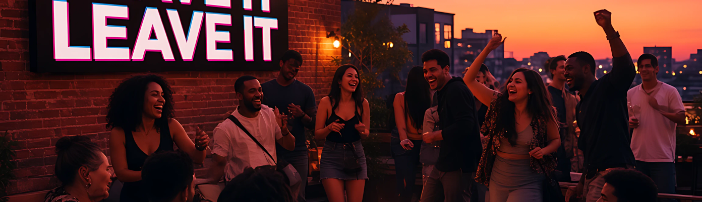 A group dancing on a lit terrace at dusk with string lights overhead.