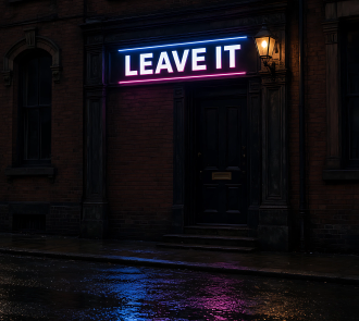 A brick malthouse at night with a pink neon sign above the door.