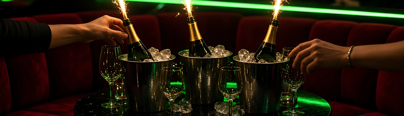 A table in a booth with bottles, ice buckets and sparklers glowing in neon light.
