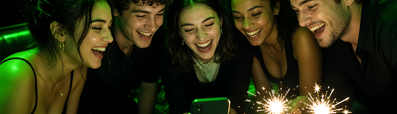 A group of friends crowded around a phone at a table with a birthday cake and sparklers.