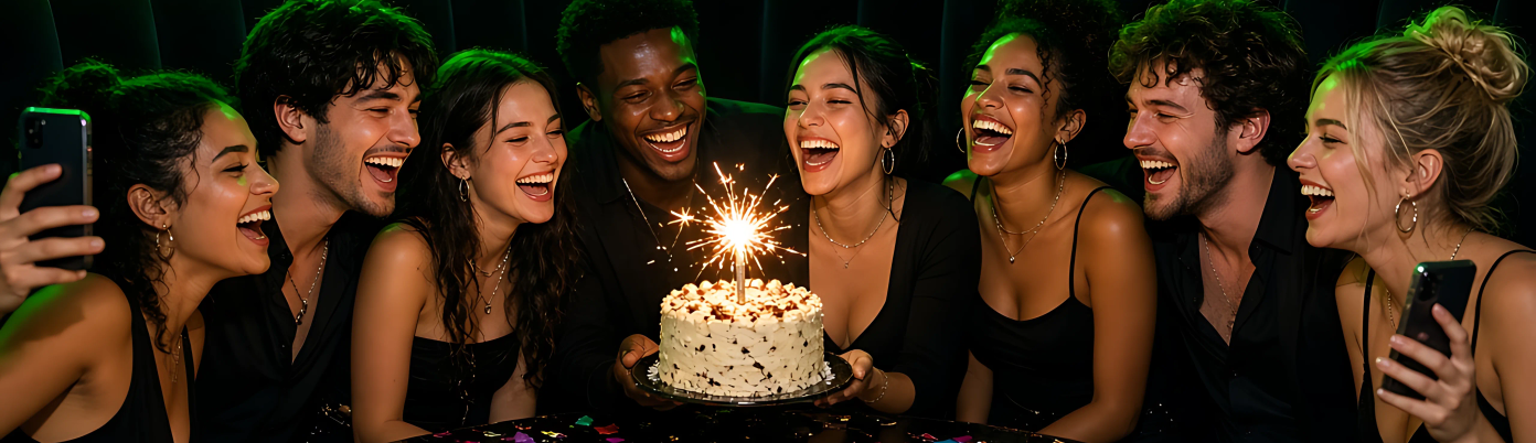 A group of friends laughing in a neon-lit booth with a sparkler on a birthday cake.