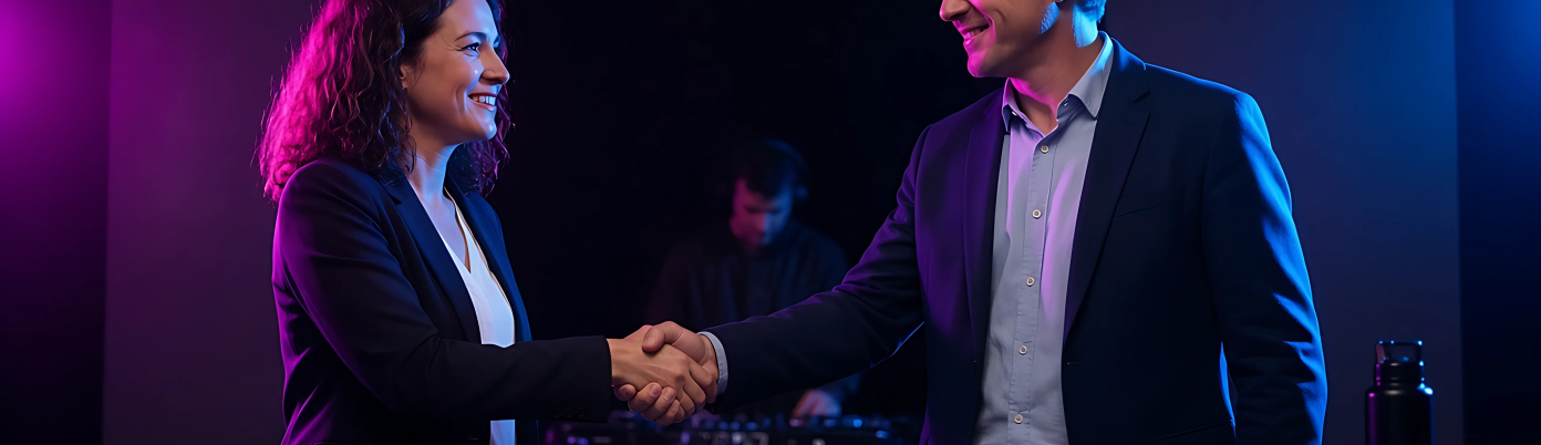 Two people shaking hands beside a branded DJ booth in a dim club.