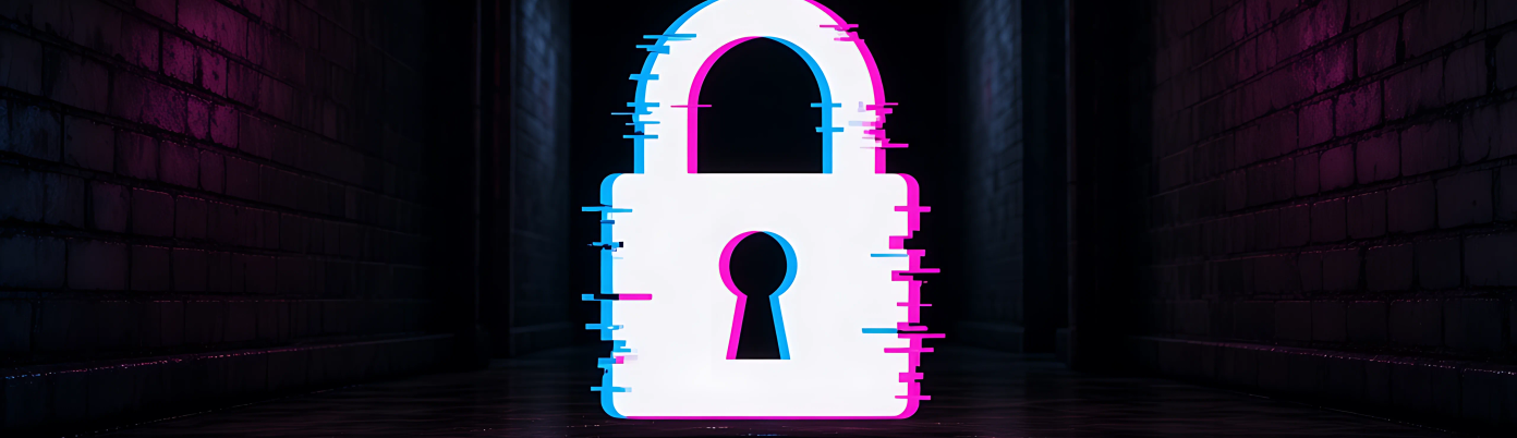 A neon lock sign glowing in a dark corridor.