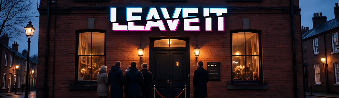 The front of a brick malthouse at night with a pink neon sign over the door and a short queue.