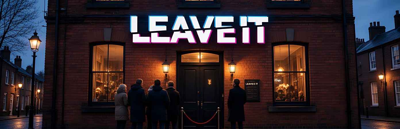 The front of a brick malthouse at night with a pink neon sign over the door and a short queue.