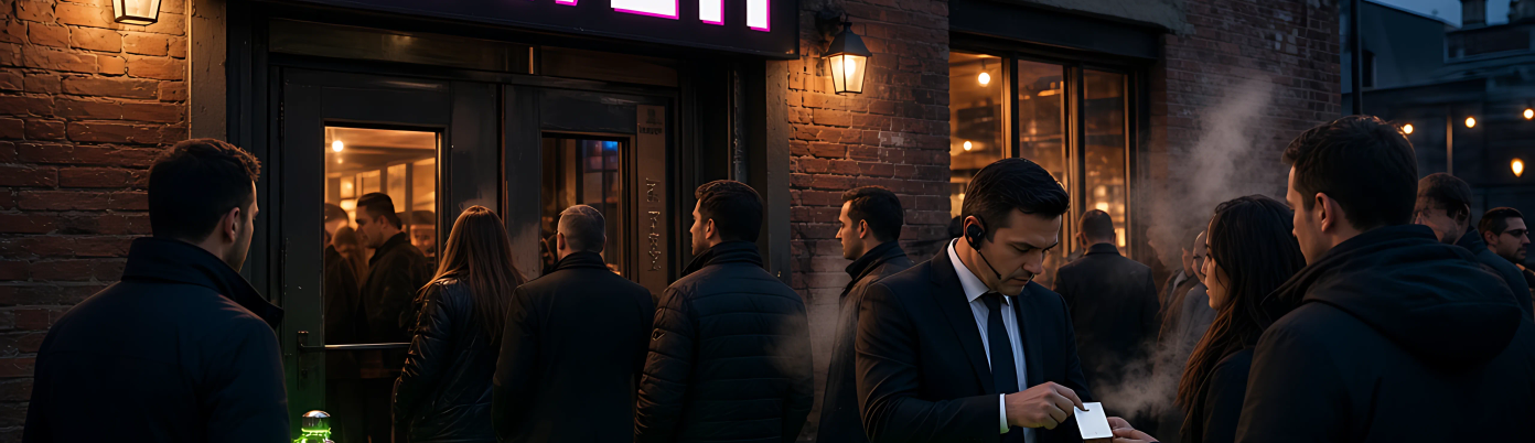 A pink neon sign glowing above the club entrance with a queue forming along the wall.