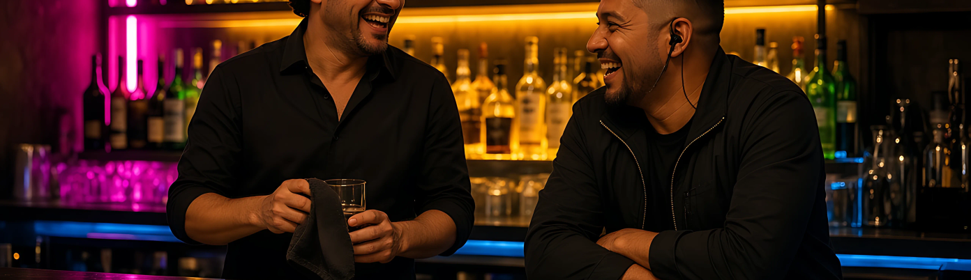 A bartender and a door team member laughing behind the bar before opening.