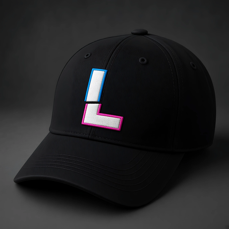A black cap with an amber sliced L embroidered on the front.