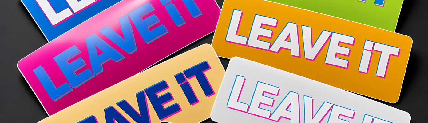 A fan of six neon vinyl stickers with sliced wordmark designs.