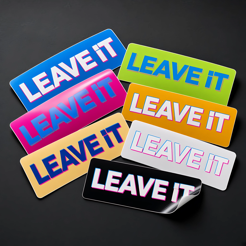 A fan of six neon vinyl stickers with sliced wordmark designs.