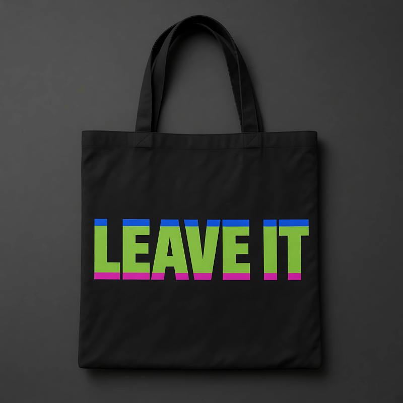 A black tote bag with a neon green sliced wordmark