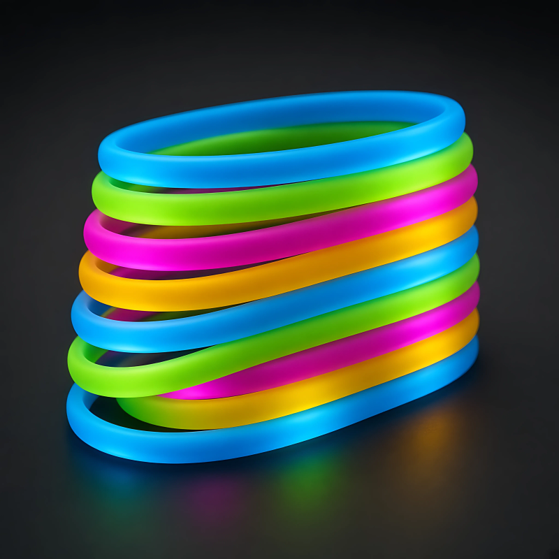 A stack of glowing neon wristbands in several colours.