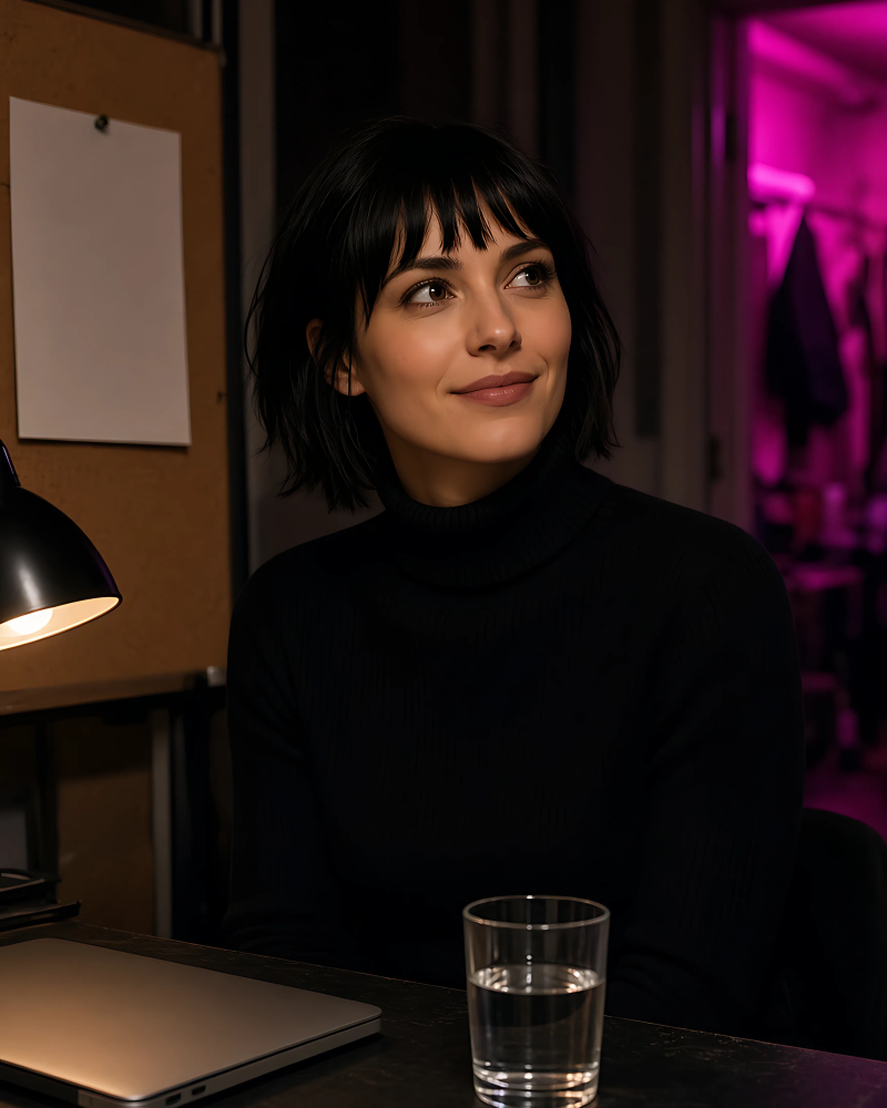 Hana Voss at a desk with a laptop and a glass of water.