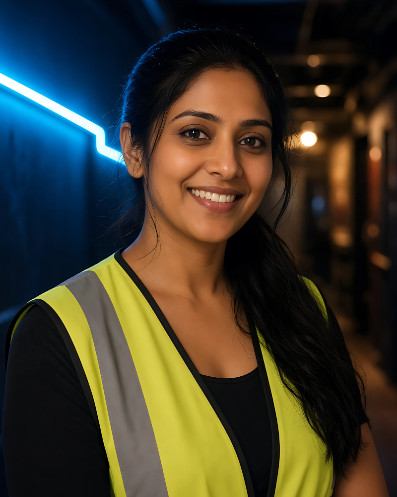 Priya Nair wearing a high-visibility vest with a welfare badge.